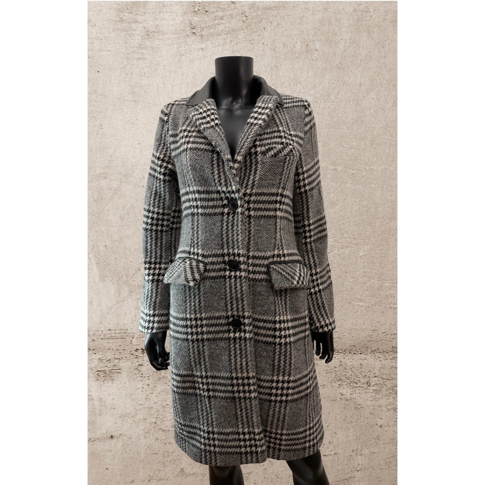 BCBGeneration Plaid Coat Faux Leather Collar Black White Women's S - Picture 3 of 9
